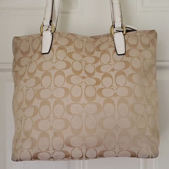 12CM COACH SHOULDER TOTE BAG KHAKI IVORY SIGNATURE JACQUARD HANDBAG PURSE WOMENS - Picture 7 of 13